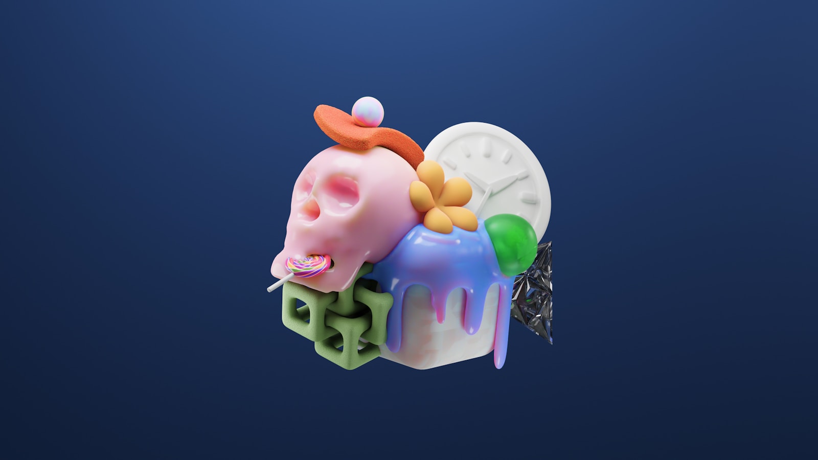 Photo by luthfi alfarizi A whimsical skull and assorted colorful objects.